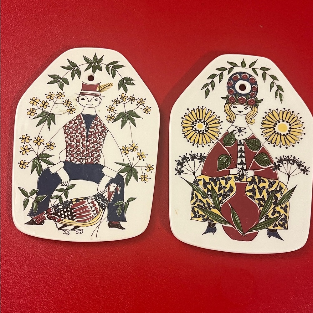 Stavangerflint Norway, Trivets by Turi Gramstad Oliver. Two Norwegian folklore